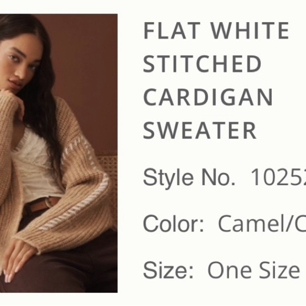 Camel Cardigan with White Stitching - Women's Cozy Open Front Sweater